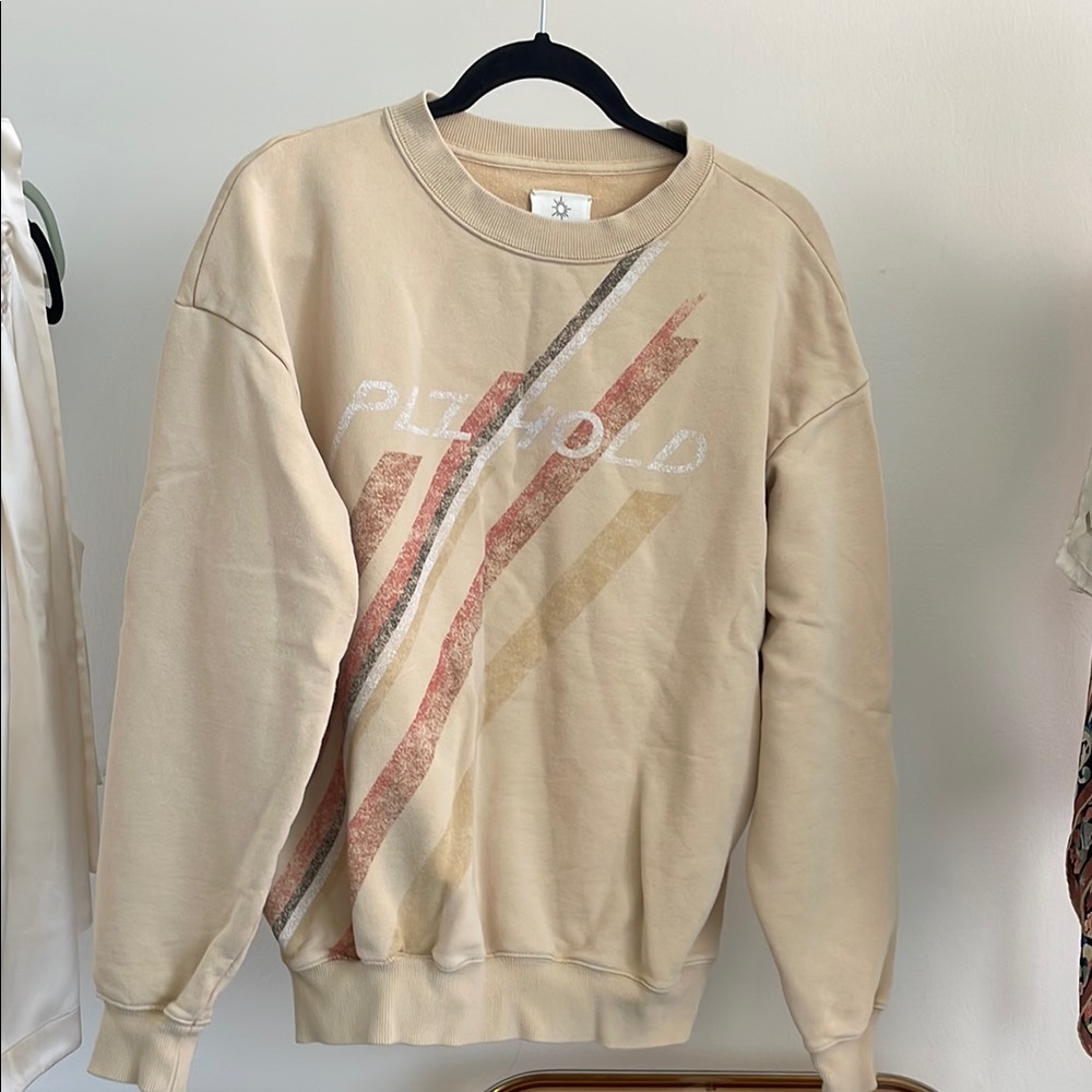Aerie Oversized Cream and Red Crewneck Sweater with Artistic Stripes